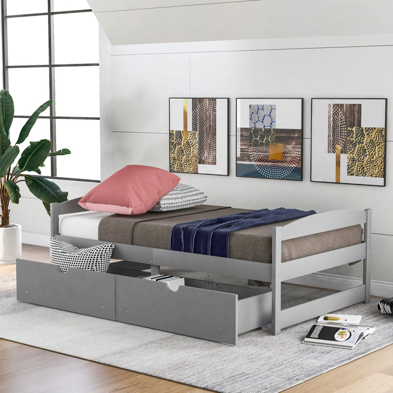 Lit plateforme simple avec deux tiroirs, Gris