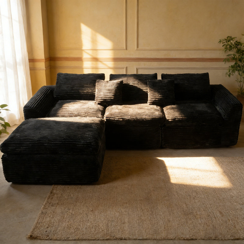 Canapé en velours côtelé de 106 po de largeur, canapé modulaire configurable avec repose-pieds mobile et 5 coussins