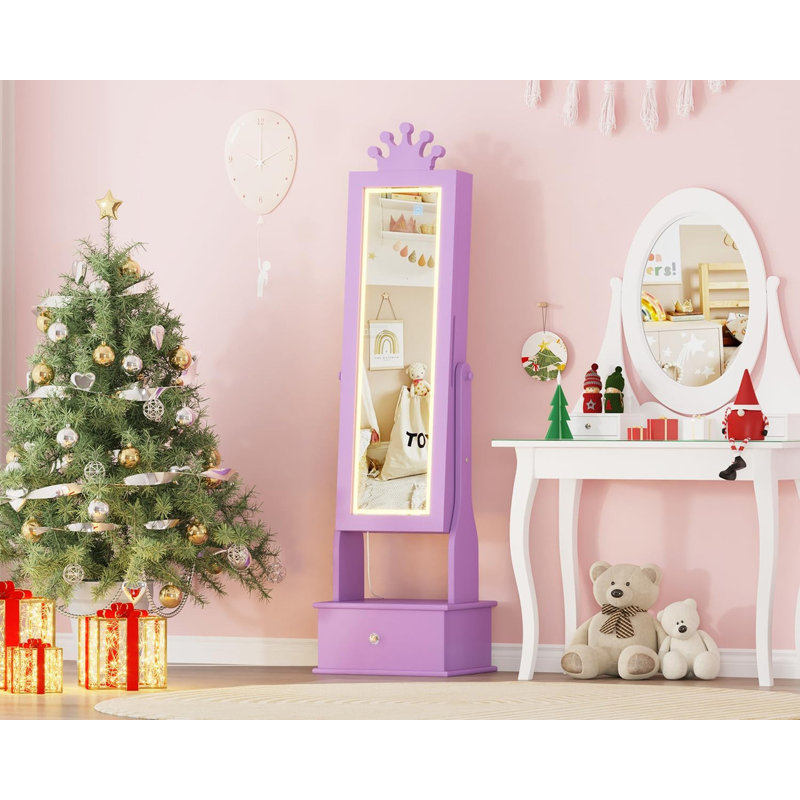 Kids Jewelry Armoire with LED Mirror, 3 Drawers & Princess Design for Girls' Accessory Storage, Purple