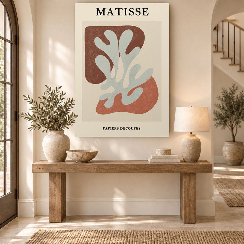 Affiche murale abstraite botanique découpée, couleur terre cuite et beige, sur toile, H 18 po x l 12 po