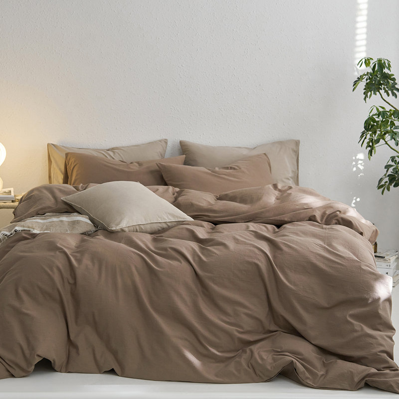MooMee Duvet Cover Set 100% Washed Cotton Twill Ultra Soft Linen Like Textured, Bombay Brown