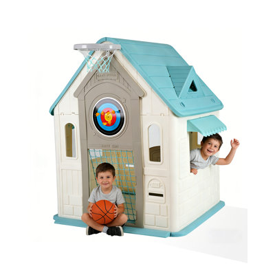 Maisonnette d'extérieur de luxe verte et blanche pour enfants - panier de basketball, but de soccer, jeu de fléchettes magnétique, jeu d'anneaux - jeu de jeu intérieur / extérieur pour tout-petits, cadeau pour les enfants de 2 à 8 ans