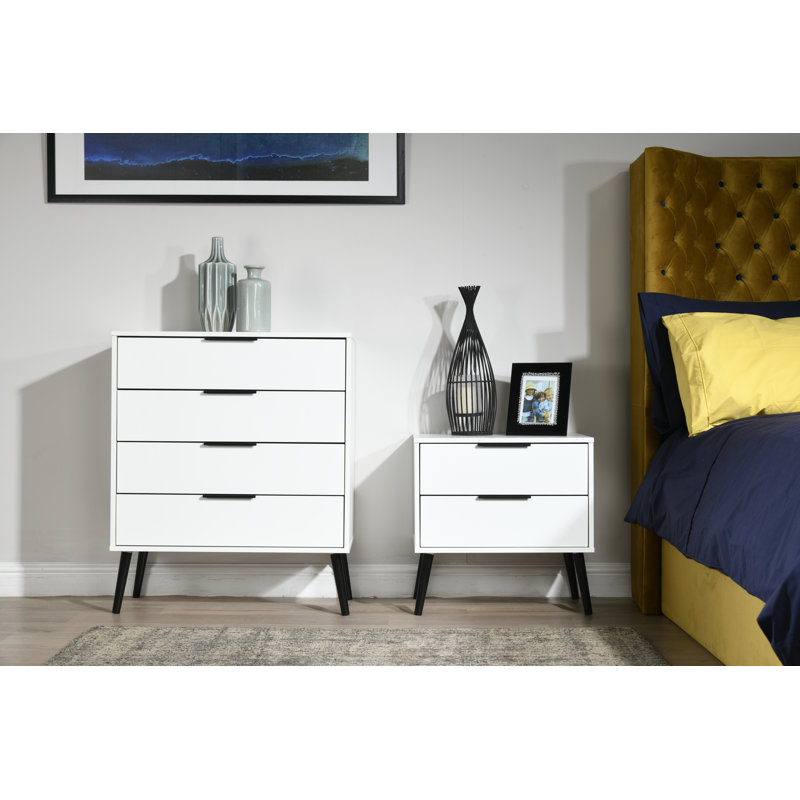 Fully Assembled Euart 2 Drawer Bedside Table, Black/White Matt