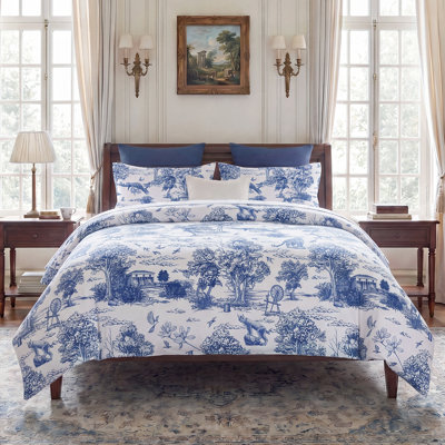 Blue Toile Duvet Cover King Size, 100% Cotton Duvet Cover Set with Zipper Closure & Corner Ties, Soft Breathable Vintage Safari Scenic Toile Bedding Set for All Seasons