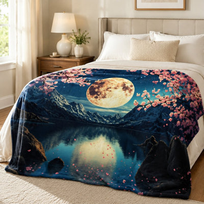 Plaid en flanelle à motif artistique « Lac au clair de lune », imprimé serein de cerisiers en fleurs, de montagnes et de pleine lune éclatante, ultra doux, toutes saisons, agréable pour la peau, lavable à la machine, décoratif, pour canapé, fauteuil, salon et chambre