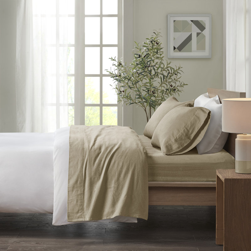 Ensemble de draps 100% coton Cozy, Ensemble de draps pour très grand lit avec 2 taie, Brun clair uni