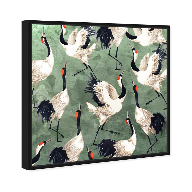 " Animals Grazing Cranes Birds ", 12" H x 12" W, Picture Framed Canvas, Black