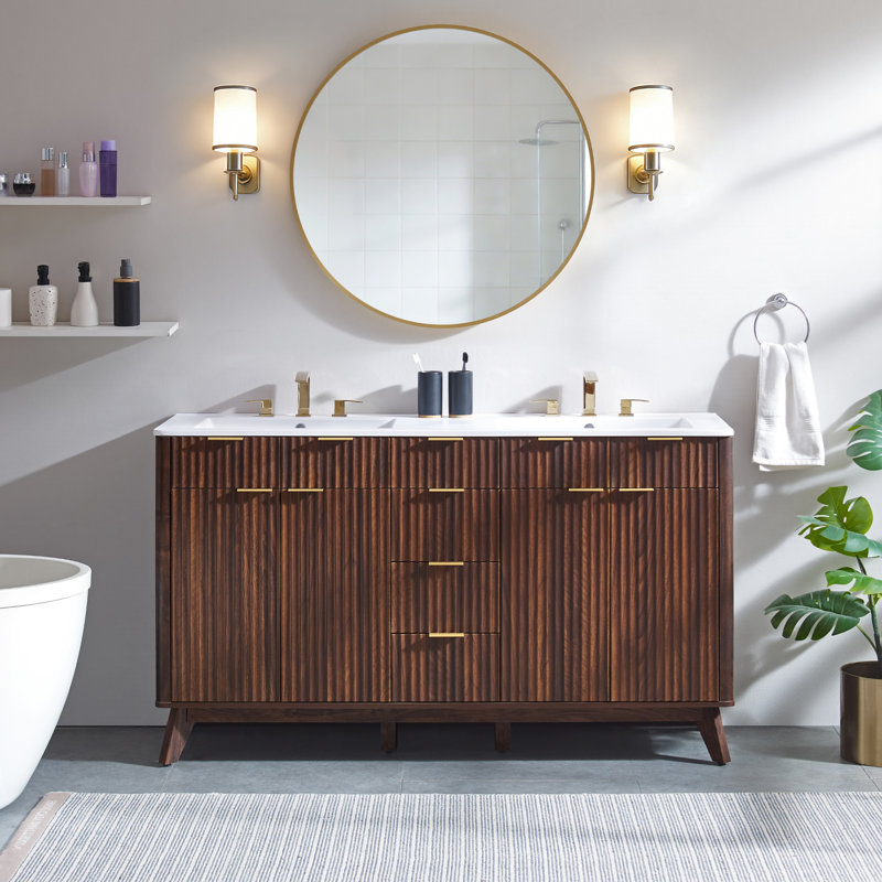 Meuble-lavabo double autoportant 60 po avec plateau en pierre reconstituée 60 po, portes à fermeture en douceur, Noyer foncé