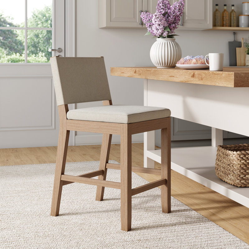 Tabouret de comptoir en bois rembourré, Lin naturel, Tabouret de comptoir (siège d'une hauteur de 24 p, 1