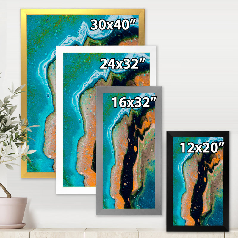 Composition abstraite en orange et noir - peinture sur toile, H 32 po x l 16 po x P 1 po, Encadrement argenté