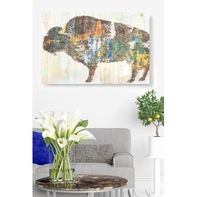 Buffalo, Text Inlay, On Wood Panel, On Cream, Tan, Brown, Western, Desert, Modern
