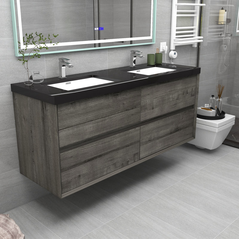 Ensemble de meuble-lavabo double mural 60 po Smariti, Chêne fumé