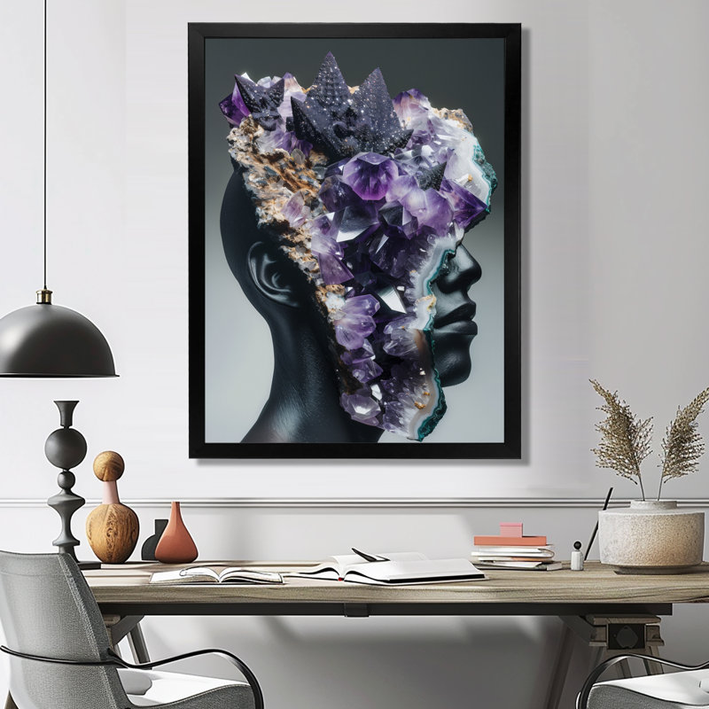 Pierre mauve noire Geode Portrait II - art mural en pierre spirituelle, H 34 po x l 44 po, Cadre simple noir