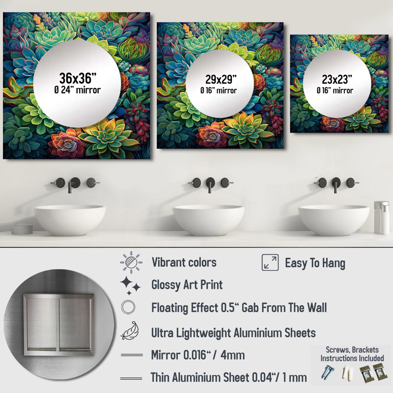 Green Blue Succulents Succulent Paradise I - Floral & Botanical Square Living Room Wall Mirror Art, 29" x 29"