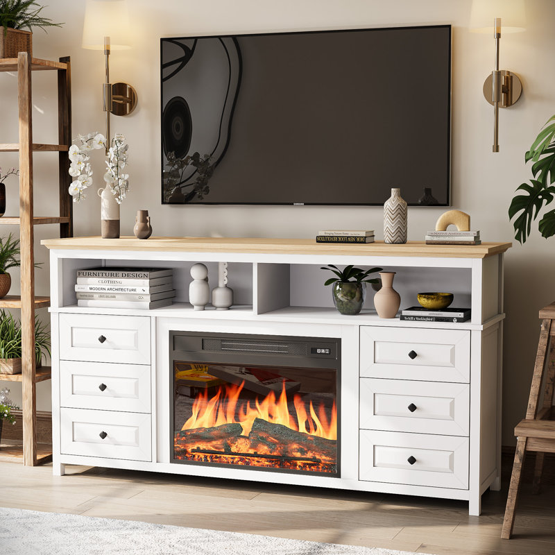 60'' TV Stand for TVs up to 65" with Electric Fireplace Included, 2 Tier and 6 Drawers, TV Console Cabinet, White