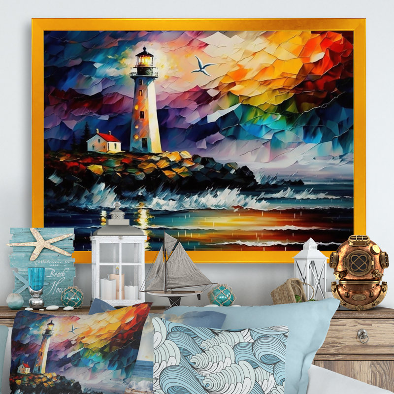 Phare par l'océan V - art mural Coastal Light House, H 16 po x l 32 po x P 1 po, Cadre doré simple