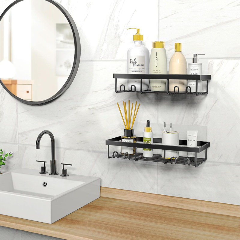 Self Adhesive Black Bathroom Shelves Basket