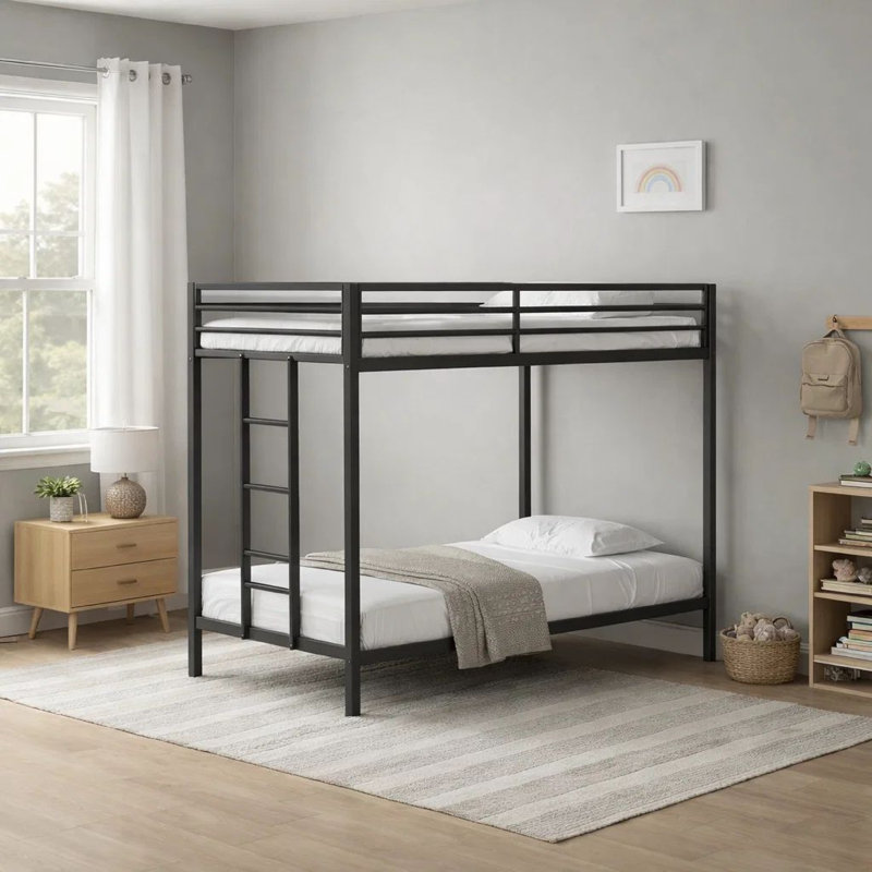Ady Low Profile Twin Over Twin Bunk Bed With Ladder, Black Metal Frame, Black
