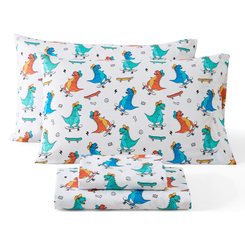 HLC.ME Skateboard Dinosaur Printed Kids Bed Sheets - 3 Piece Patterned Bed Sheet Set - Wrinkle Resistant & Ultra Soft - Fits Mattresses up to 15 Inches Deep - Twin