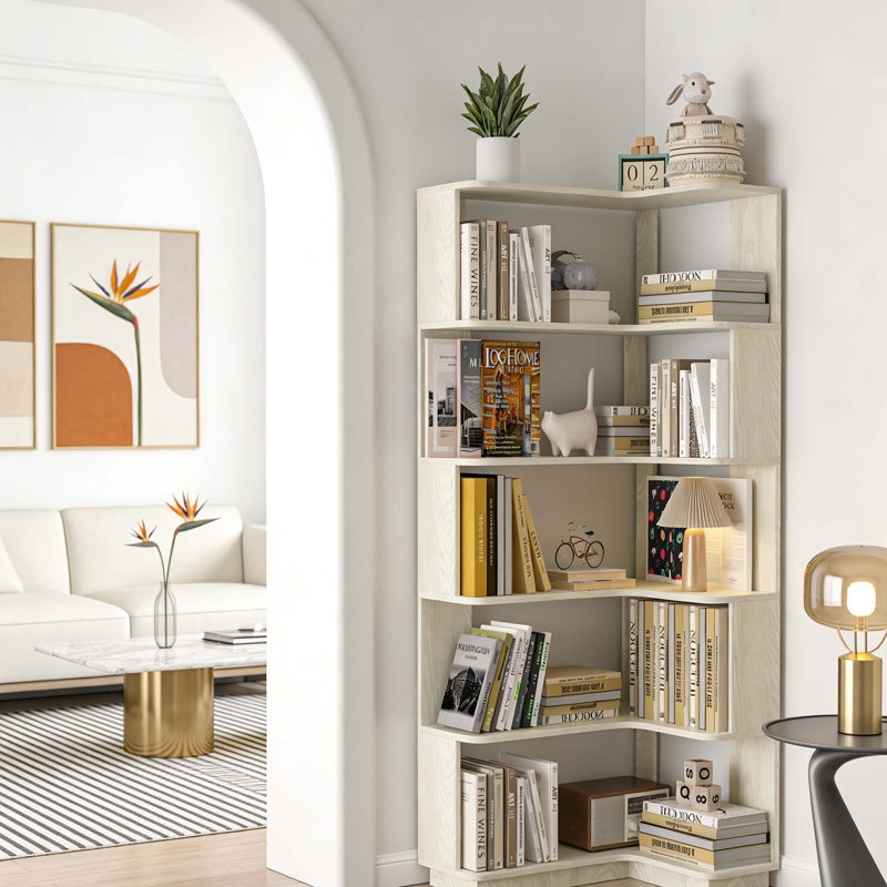 Freestanding Corner Bookshelf for Home and Office, White