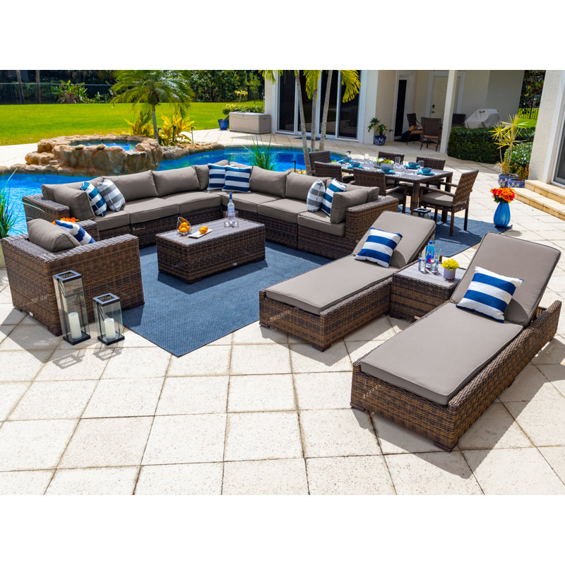 Yussuf Wicker 15 - Person Modular Patio Conversation Set with Cushions, Brown, Sunbrella Canvas Taupe