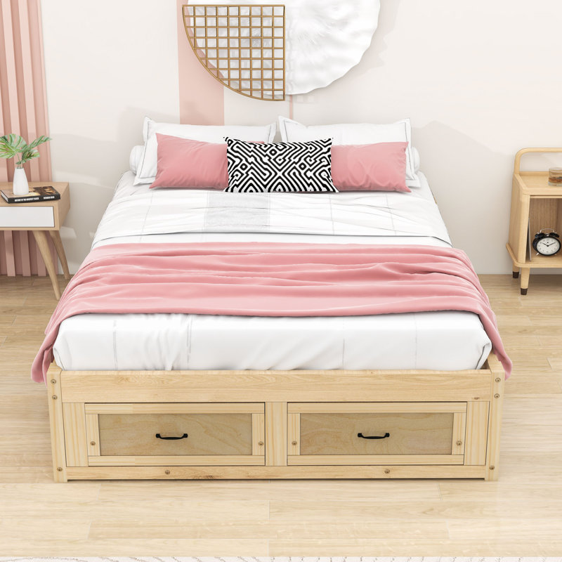 Lit plateforme 6 tiroirs en bois avec pieds centraux, Naturel antique, Grand lit