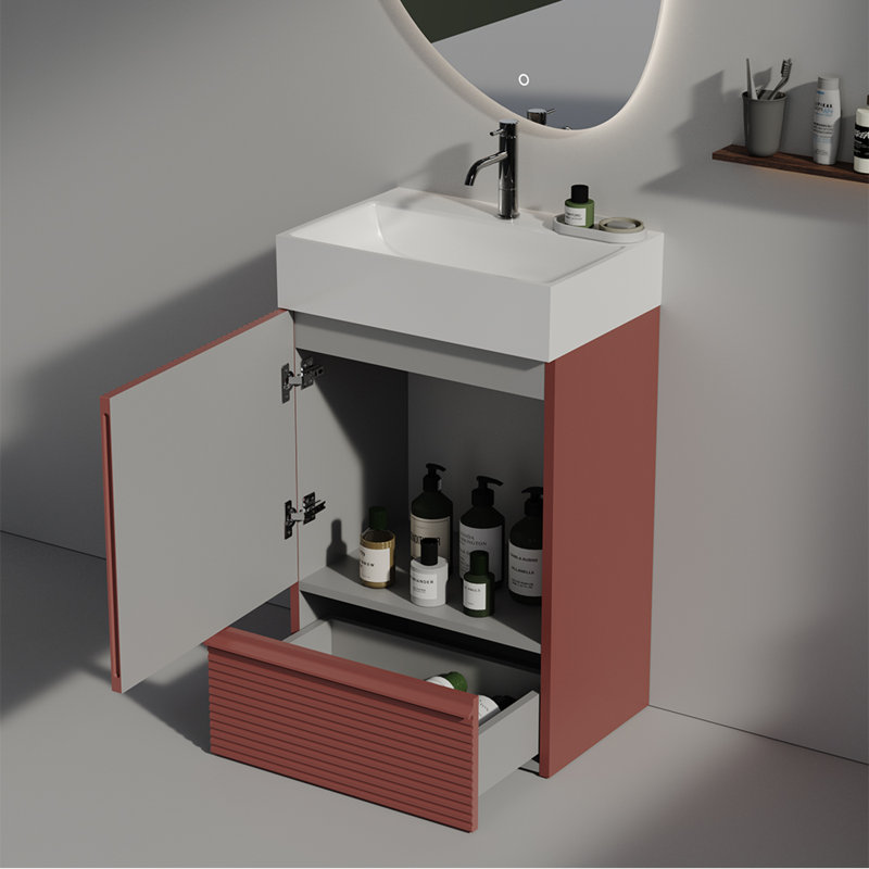 Élégant meuble-lavabo à poignée cachée E1, matériau écologique, salle de bain moderne et polyvalente