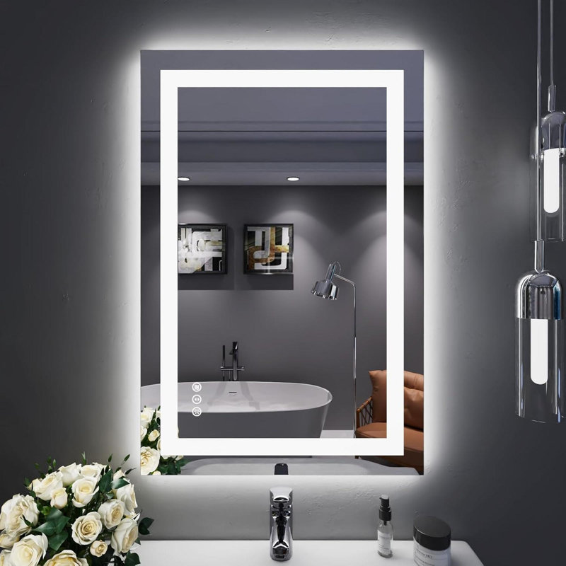 Miroir de salle de bain sans cadre à DEL, miroir intelligent, 24 po x 36 po, Rectangulaire, Verticale