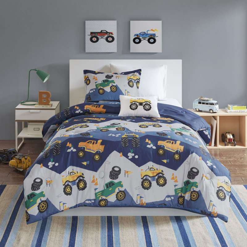 Nash Blue Monster Truck Casual 4-Piece Full/Queen Comforter Set, Full/Queen Comforter +2 Shams +1 Decorative Pillow