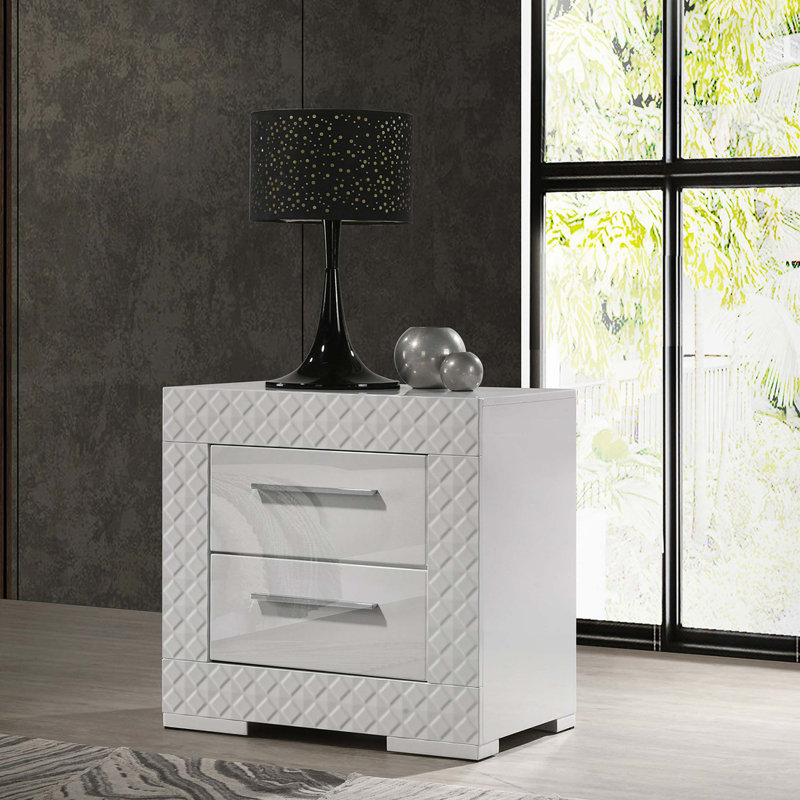 Table de chevet 2 tiroirs Pierce, Blanc brillant