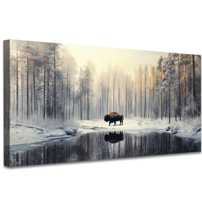 Buffalo Wall Decor - Scenic Bison Canvas Artwork Pictures for Bedroom, Rustic Buffalo Prints Wall Decor Wrapped Canvas Art for Living Room Frame, Serene Forest Ambience, 12×24 inches