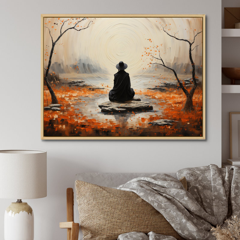 Orange gris méditation zen jardin pointillisme sur toile, H 12 po x l 20 po x P 1 po, Cadre naturel flottant
