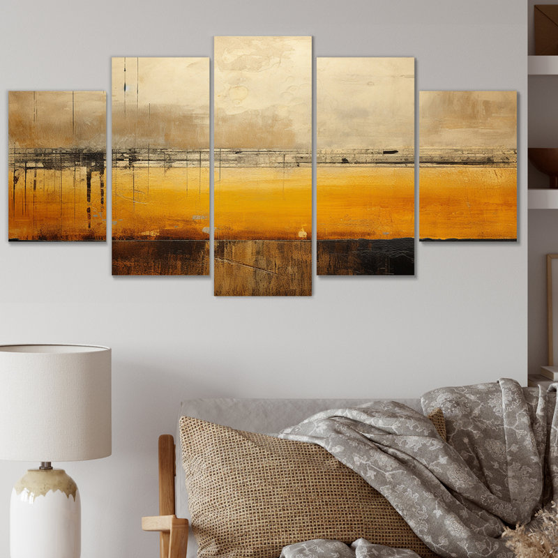 Coucher de soleil doré, campagne, paysage I - prairie, reproduction d'art sur toile - 5 panneaux