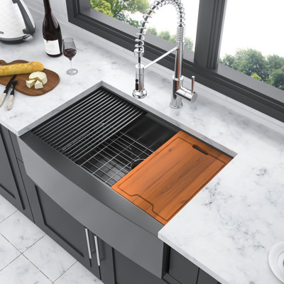 30 Inch Gunmetal Black Stainless Steel 16 Gauge Apron Front Sink Workstation - Scratch , Rust Easy To Clean With X Shaped Groove Design For Improved Drainage, 10 Deep Large Capacity, 3Mm Rubber Noise