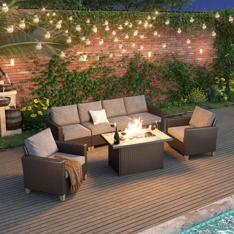 Umeh 7-Pieces Wicker Sofa Seating Group with Fire Pit Table Conversation Set