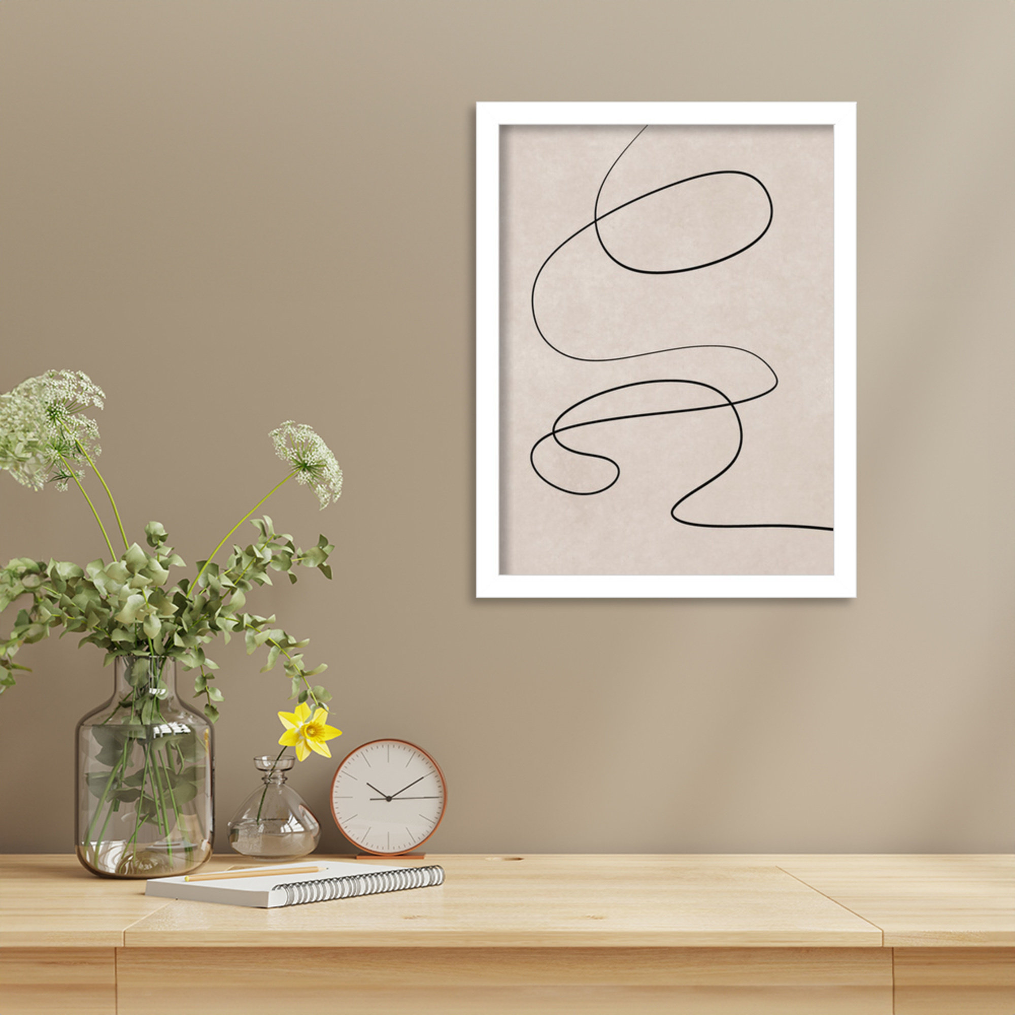 Black Line and Textured Beige Background by Little Dean Wood Framed Wall Art Print, White, 17" H x 13" W