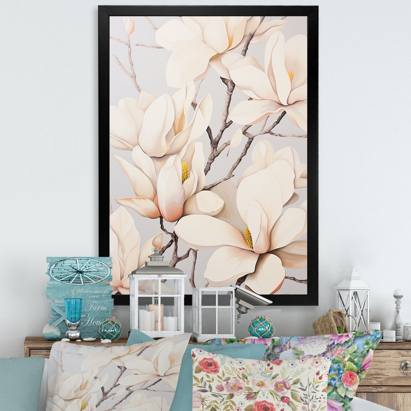 Beige de Magnolias «Dreamy» sur toile, Cadre simple noir, H 40 po x l 30 po x P 1,5 po