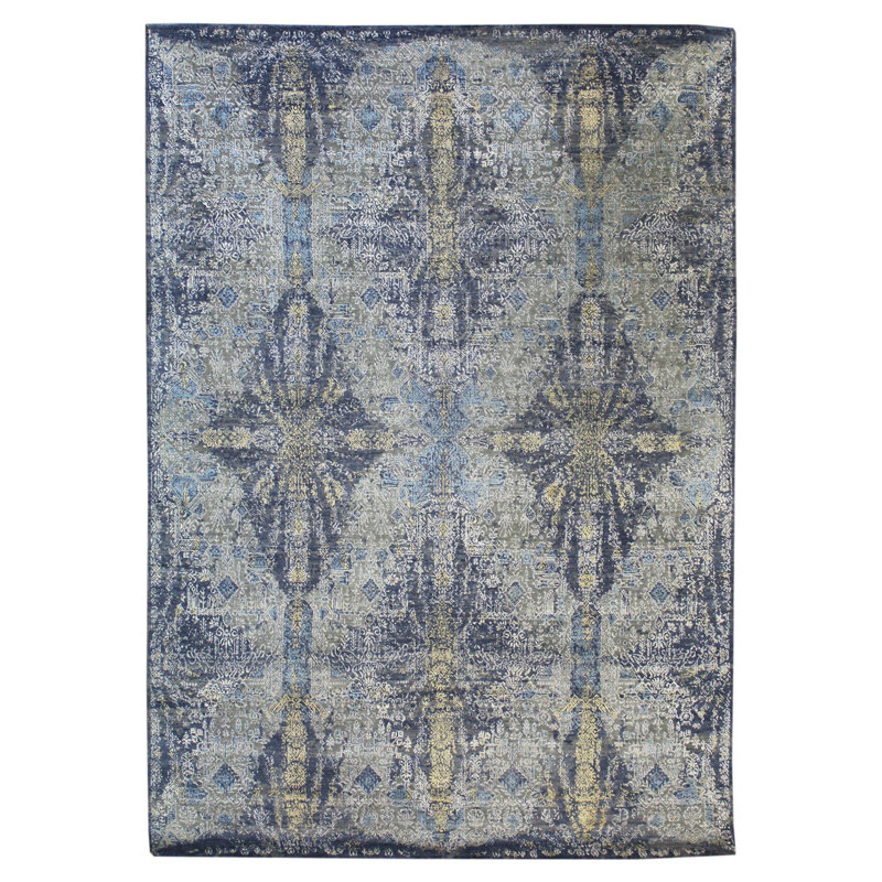 Tapis bleu en laine tissé à la main de conception unique 8 pi 8 po x 12 pi New Age