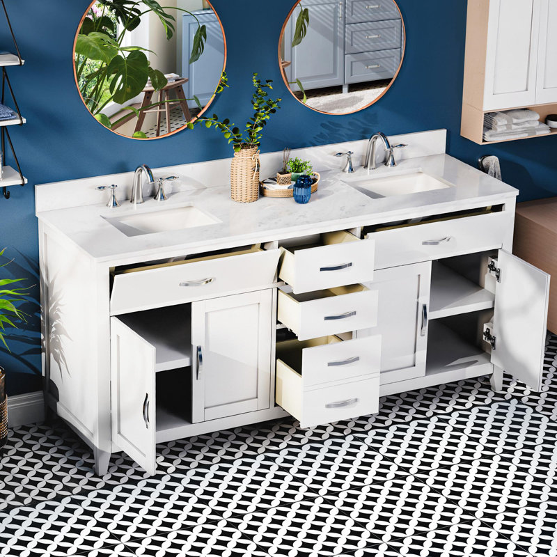 Vannes 72'' Bathroom Vanity with Solid Hardwood Frame, Quartz Countertop, Soft-Close Drawers, CUPC Sink, and Flip-Top Storage