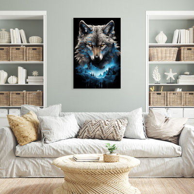 Toile tendue The Wolf Gallery - Wild Life Animal Illustration Home Decor, gris et bleu