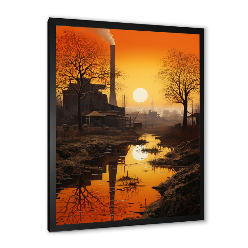 Usine paysage safran lever du soleil I sur toile, Cadre simple noir, H 32 po x l 24 po x P 1 po