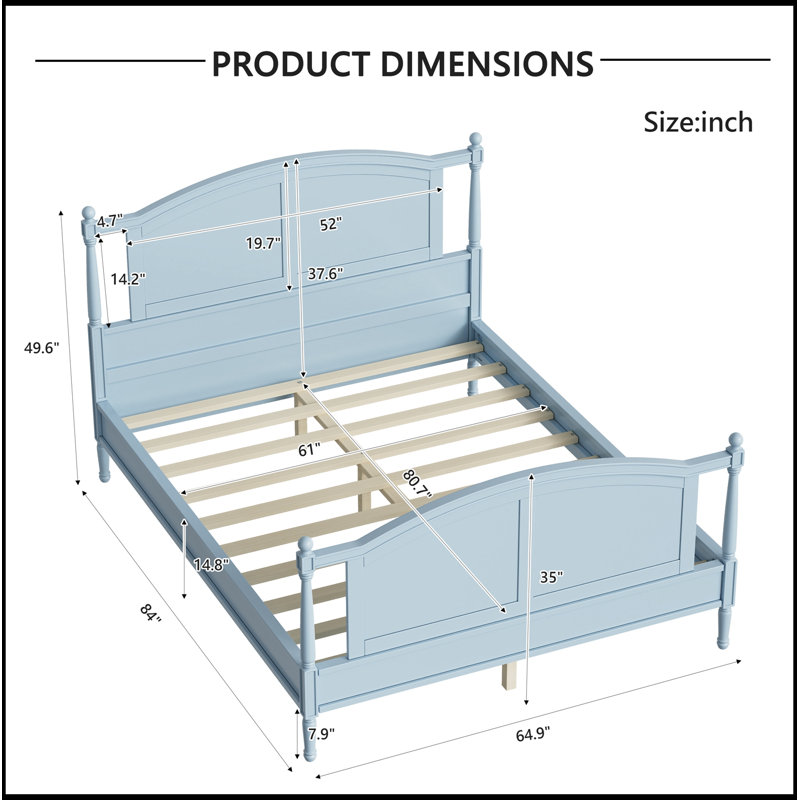Cadre de grand lit plateforme en bois avec tête et pied de lit arqués, Light Blue