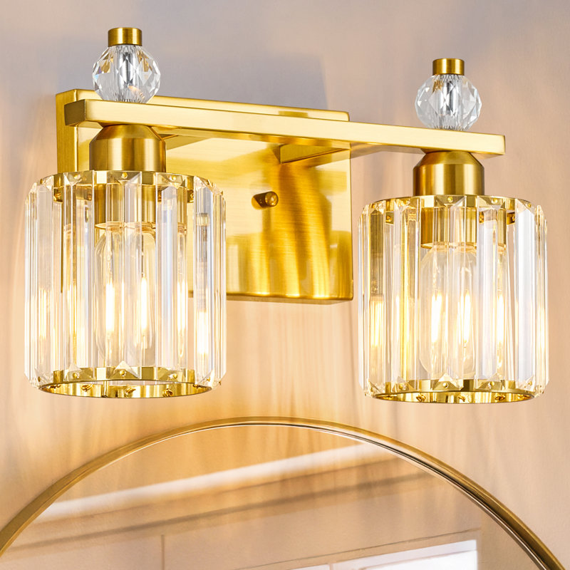 Lampe de meuble-lavabo moderne en cristal avec abat-jour cylindrique, Doré, Deux lumières