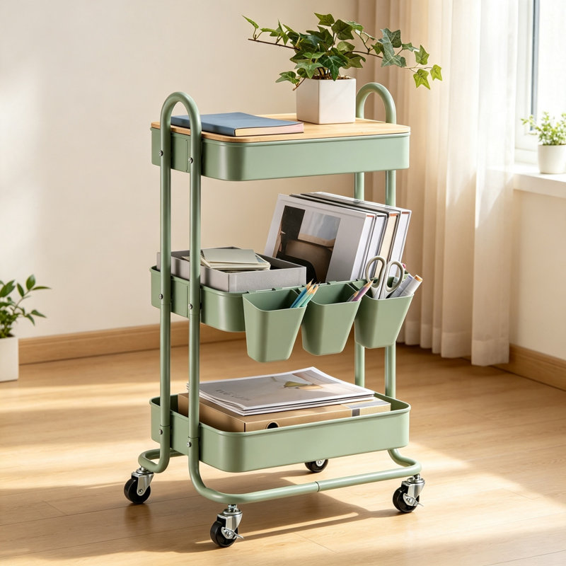 Sage Green 3-Tier Rolling Storage Trolley with Lockable Castor Wheels, Steel Frame Storage Cart with Bamboo Lid, Detachable Hanging Baskets & Hooks, Multipurpose Organiser for Bathroom, Kitchen, Home Office & Craft Room
