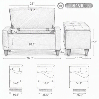 Banc de rangement avec repose-pieds de 36,6 pouces avec accoudoirs et pieds en bois, sièges de rangement polyvalents pour le vestibule, la chambre à coucher et le salon