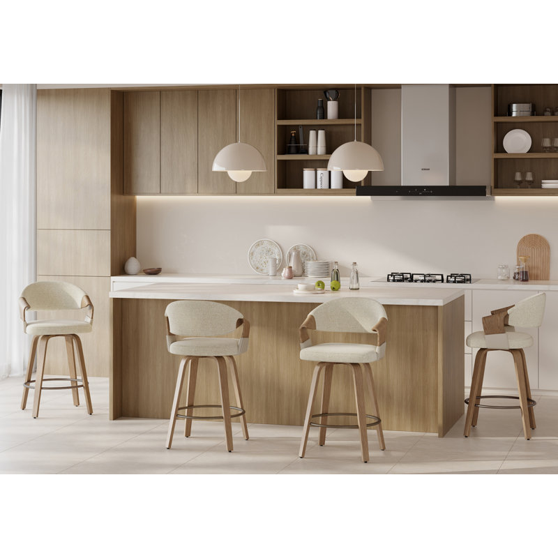 Tabouret de comptoir pivotant de style Mid-Century avec structure en bois cintré, Beige