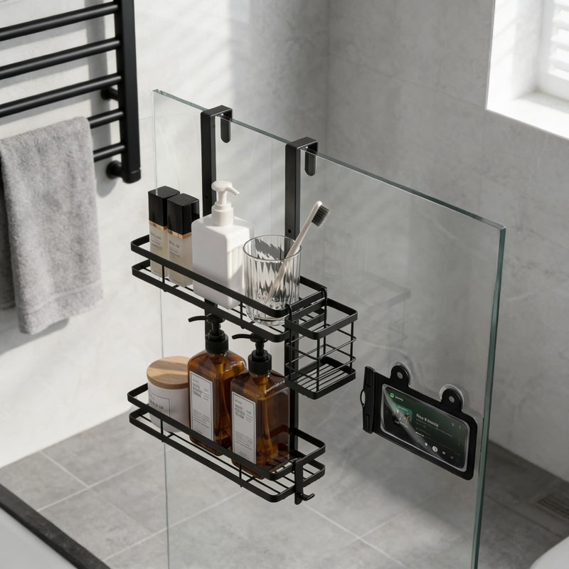 Over The Door Shower Caddy With Waterproof Phone Pouch, Adjustable 2-Tier Rustproof Bathroom Organizer, No Drilling Hanging Storage Shelf With Hooks And Side Basket