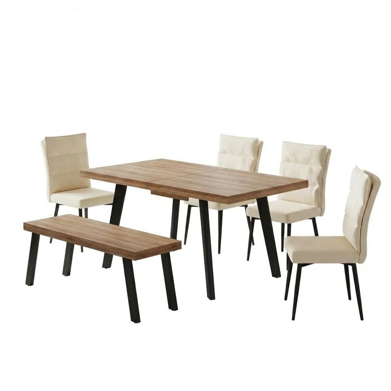 Dining Set, Extendable Table + 1 Bench + 4 Beige Chair