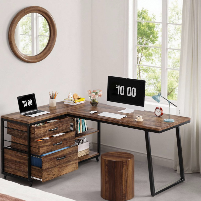 53" L-Shaped Reversible Computer Desk Executive Desk Office Desk- Industrial Style with Storage
