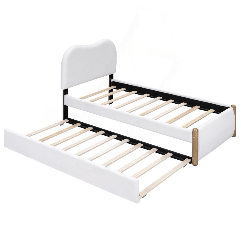 Lit plateforme tapissier avec pieds de support en bois et lit gigogne simple, blanc